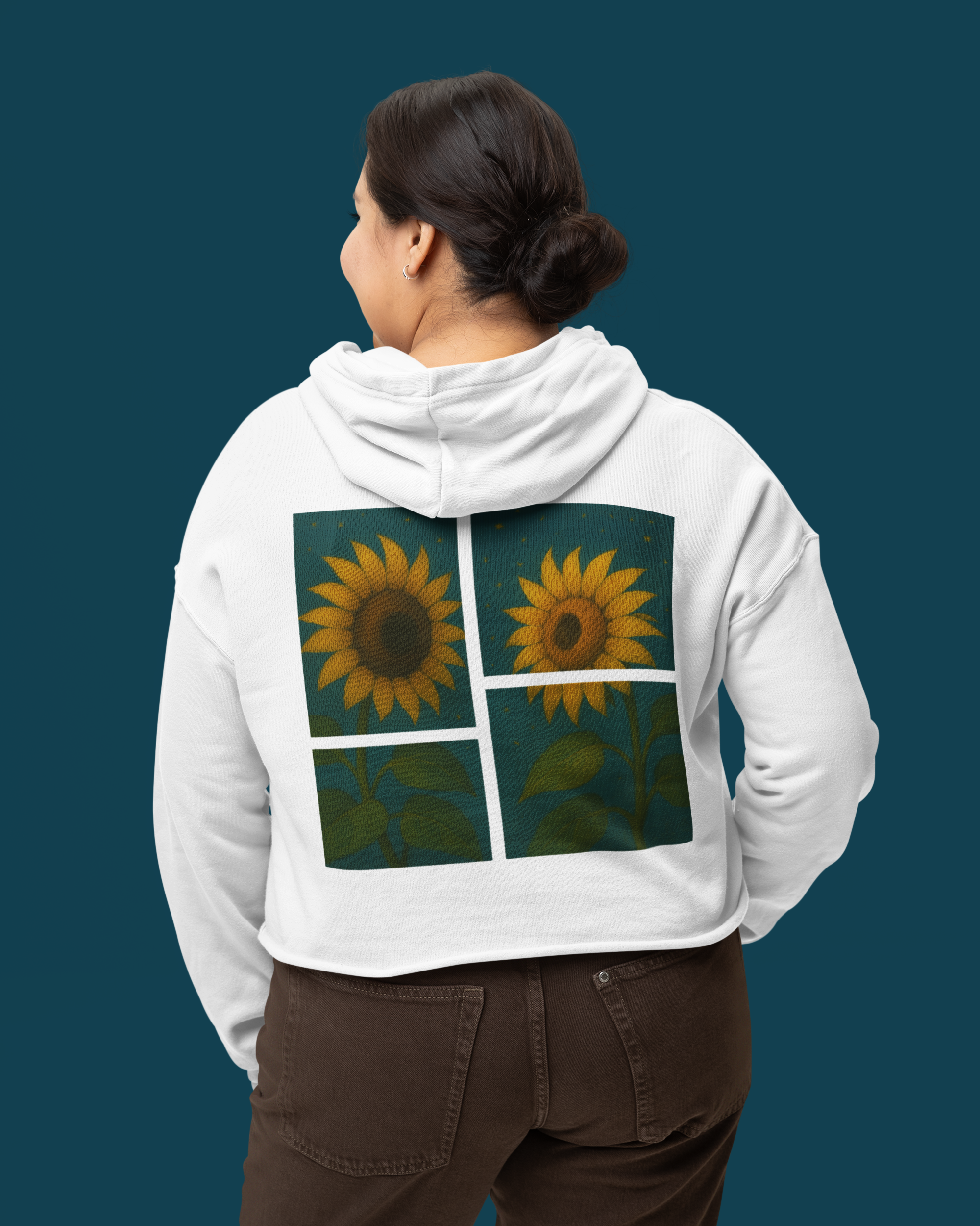 Twin Sunflowers Crop Hoodie – Artistic Back Print for Sunshine Lovers